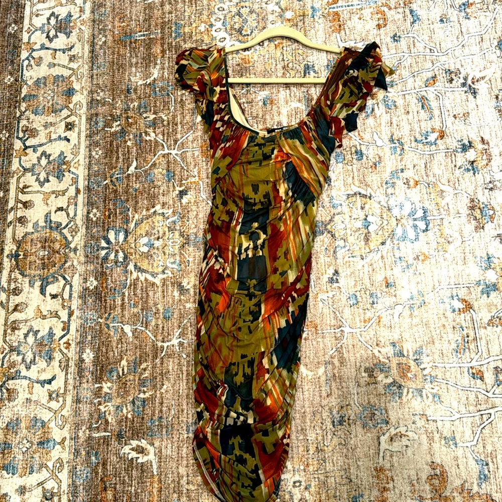 T.F.N.C dress midi size small. Mesh stretchy colorful with no sippers.